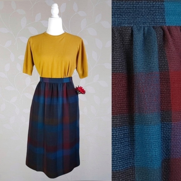 Vintage Buffalo Plaid Dark Academia Wool Midi Skirt Jewel Red Teal Prophecy - Picture 1 of 15